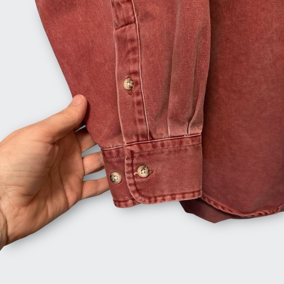 Vintage 80s 90s Evergreen Red Heavy Cotton Twill Button Down Work Shirt L Grunge - Picture 5 of 8